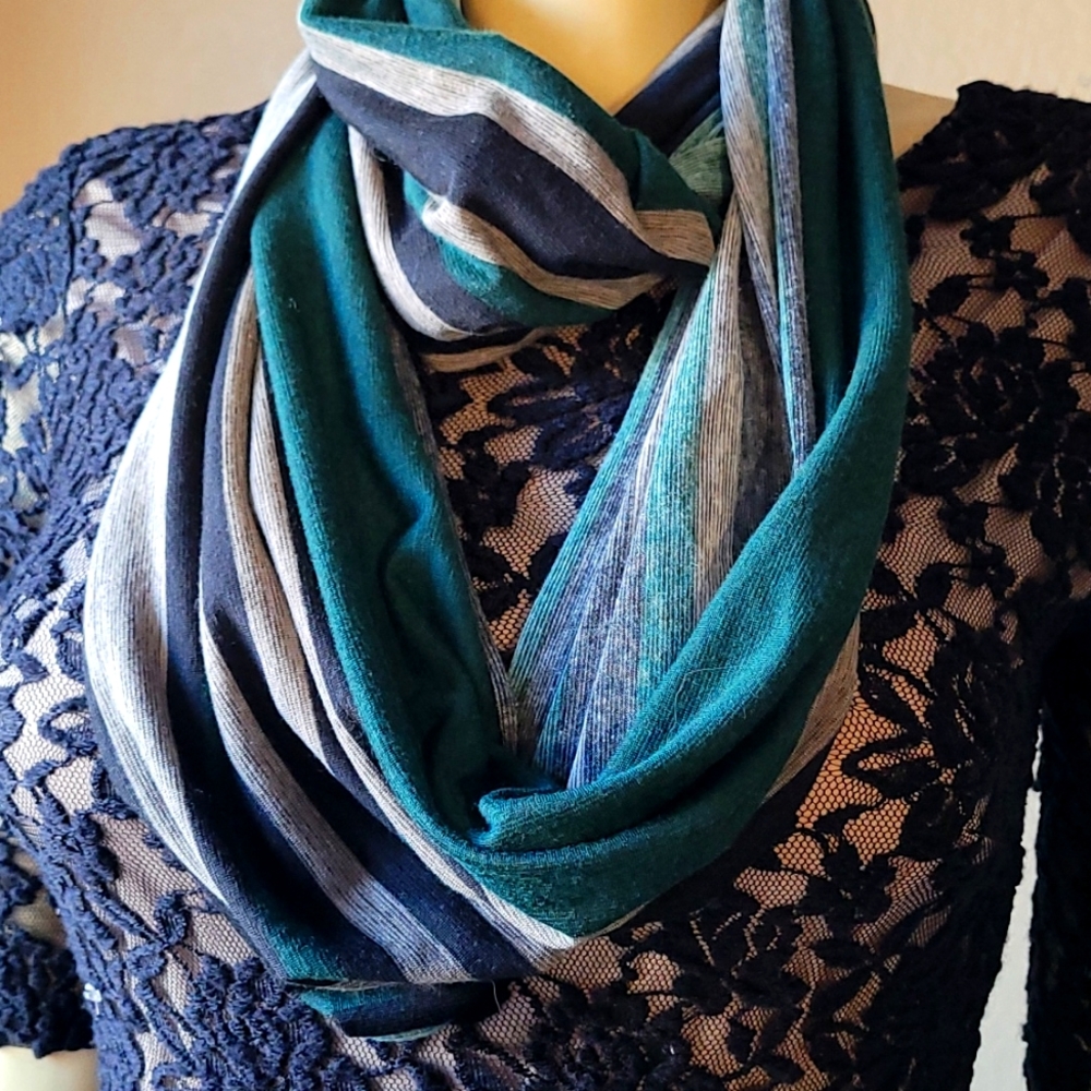 Green striped stretch cotton infinity scarf